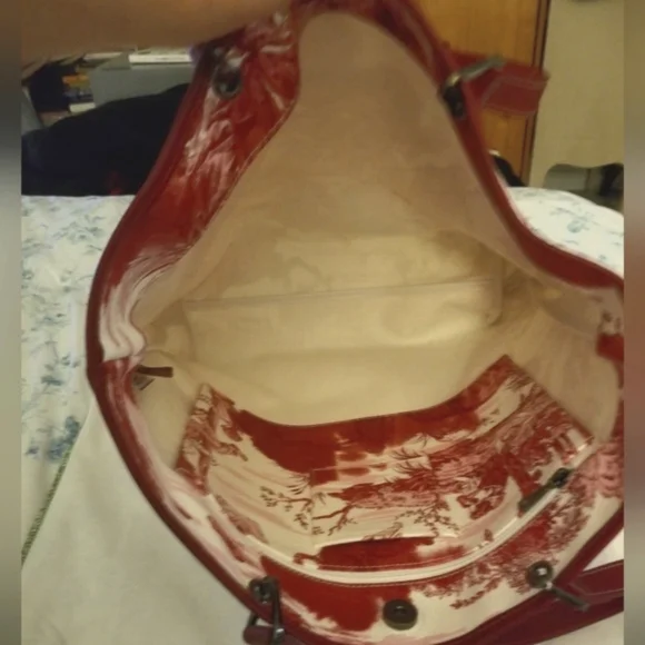 Longchamp Red & White Canvas Toile de Jouy Tote Bag - Picture 5 of 15